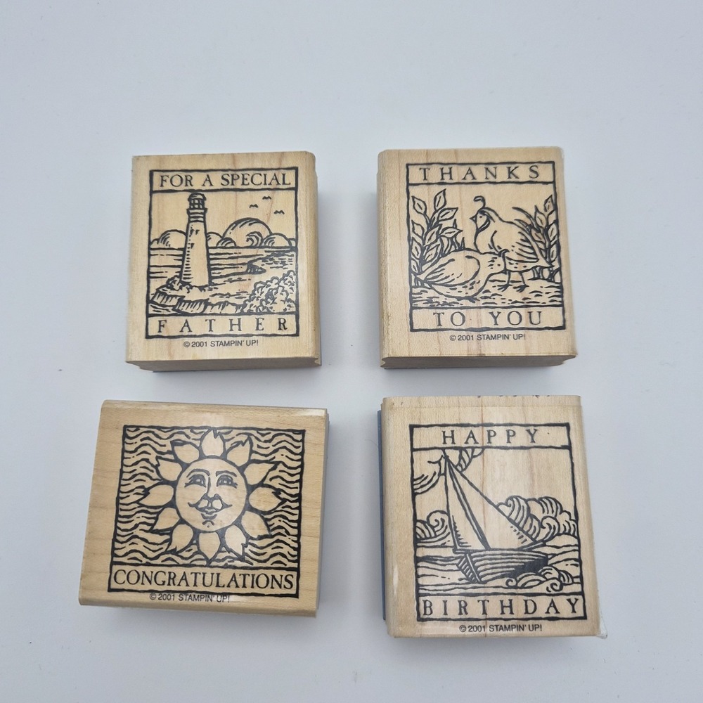 Stampin' Up! Wonderful Woodcuts 2001 Set of 4 Wood Mount Rubber Stamps Retired